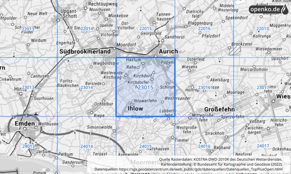 Übersichtskarte KOSTRA-DWD-2010R Rasterfeld Nr. 23015 mit angrenzenden Feldern