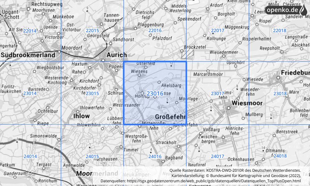 Übersichtskarte KOSTRA-DWD-2010R Rasterfeld Nr. 23016 mit angrenzenden Feldern