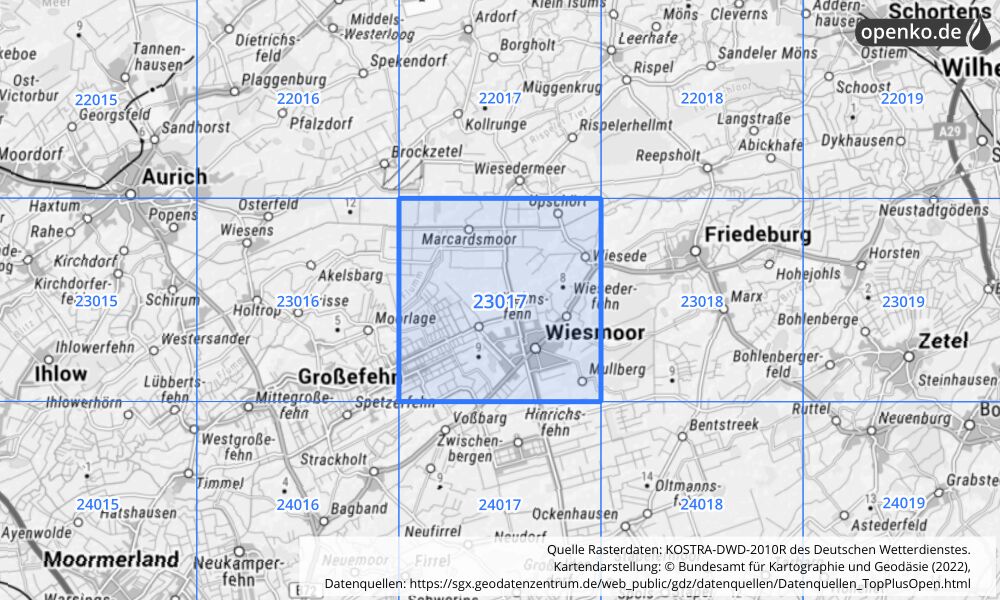 Übersichtskarte KOSTRA-DWD-2010R Rasterfeld Nr. 23017 mit angrenzenden Feldern