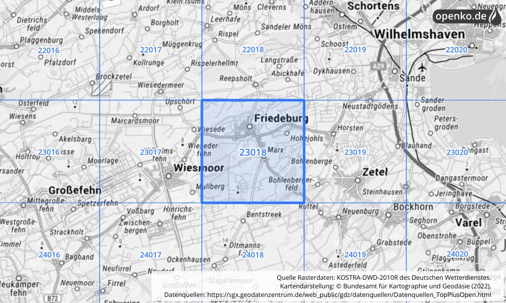 Übersichtskarte KOSTRA-DWD-2010R Rasterfeld Nr. 23018 mit angrenzenden Feldern