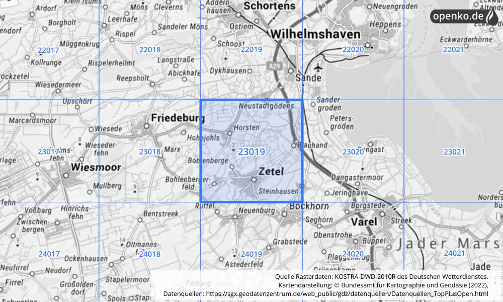 Übersichtskarte KOSTRA-DWD-2010R Rasterfeld Nr. 23019 mit angrenzenden Feldern