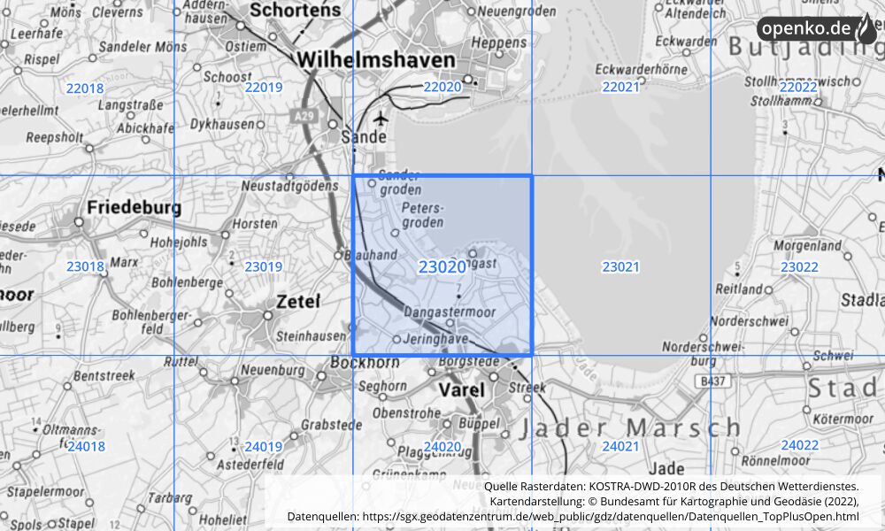 Übersichtskarte KOSTRA-DWD-2010R Rasterfeld Nr. 23020 mit angrenzenden Feldern