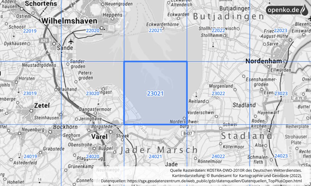 Übersichtskarte KOSTRA-DWD-2010R Rasterfeld Nr. 23021 mit angrenzenden Feldern