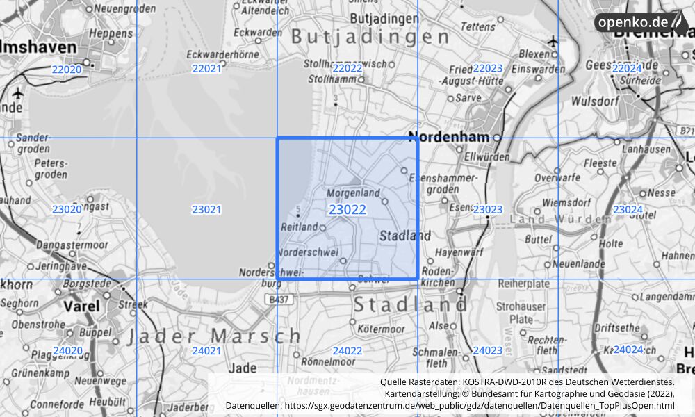 Übersichtskarte KOSTRA-DWD-2010R Rasterfeld Nr. 23022 mit angrenzenden Feldern