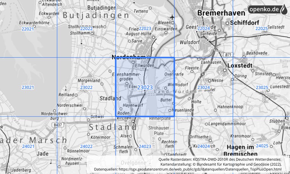 Übersichtskarte KOSTRA-DWD-2010R Rasterfeld Nr. 23023 mit angrenzenden Feldern