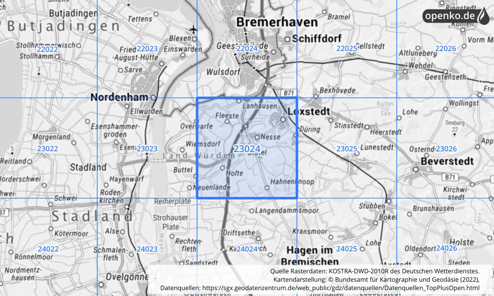 Übersichtskarte KOSTRA-DWD-2010R Rasterfeld Nr. 23024 mit angrenzenden Feldern