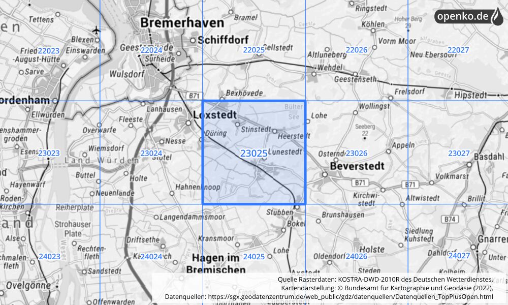 Übersichtskarte KOSTRA-DWD-2010R Rasterfeld Nr. 23025 mit angrenzenden Feldern