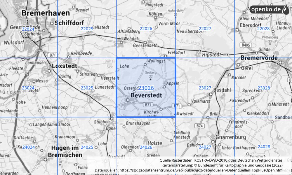 Übersichtskarte KOSTRA-DWD-2010R Rasterfeld Nr. 23026 mit angrenzenden Feldern