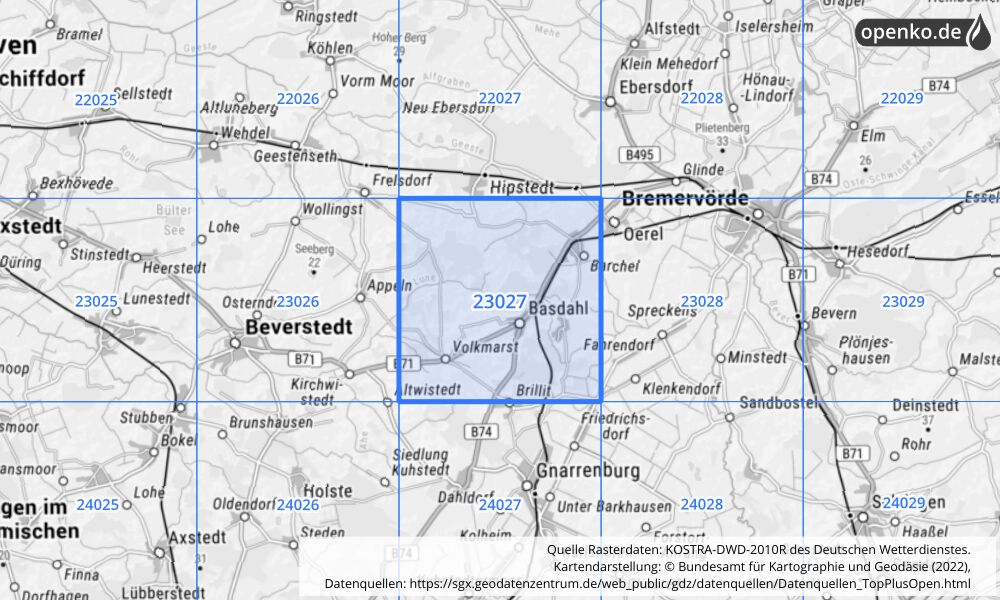 Übersichtskarte KOSTRA-DWD-2010R Rasterfeld Nr. 23027 mit angrenzenden Feldern