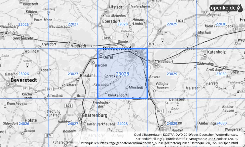 Übersichtskarte KOSTRA-DWD-2010R Rasterfeld Nr. 23028 mit angrenzenden Feldern