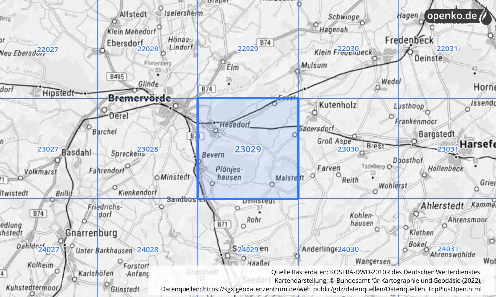 Übersichtskarte KOSTRA-DWD-2010R Rasterfeld Nr. 23029 mit angrenzenden Feldern