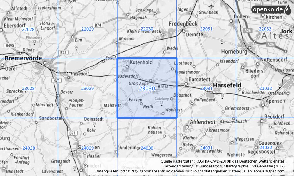 Übersichtskarte KOSTRA-DWD-2010R Rasterfeld Nr. 23030 mit angrenzenden Feldern