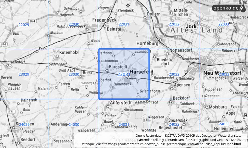 Übersichtskarte KOSTRA-DWD-2010R Rasterfeld Nr. 23031 mit angrenzenden Feldern