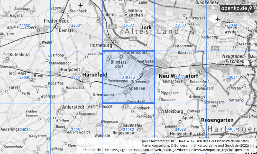 Übersichtskarte KOSTRA-DWD-2010R Rasterfeld Nr. 23032 mit angrenzenden Feldern