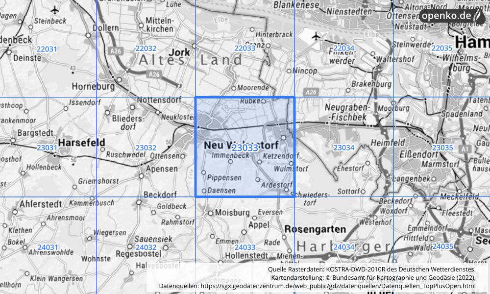 Übersichtskarte KOSTRA-DWD-2010R Rasterfeld Nr. 23033 mit angrenzenden Feldern