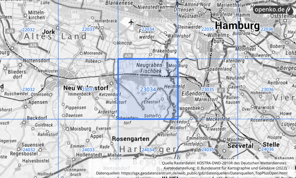 Übersichtskarte KOSTRA-DWD-2010R Rasterfeld Nr. 23034 mit angrenzenden Feldern