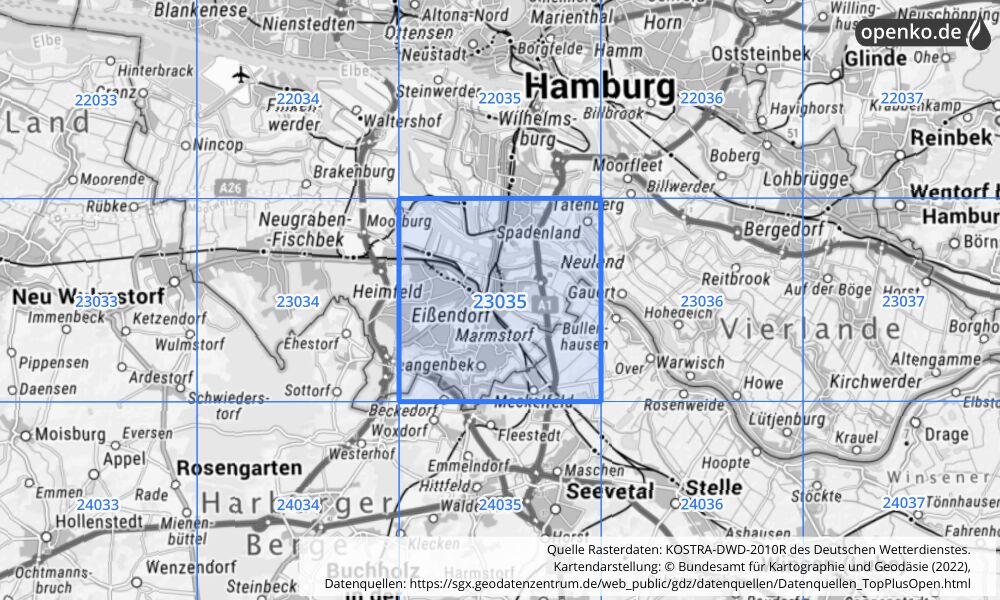 Übersichtskarte KOSTRA-DWD-2010R Rasterfeld Nr. 23035 mit angrenzenden Feldern