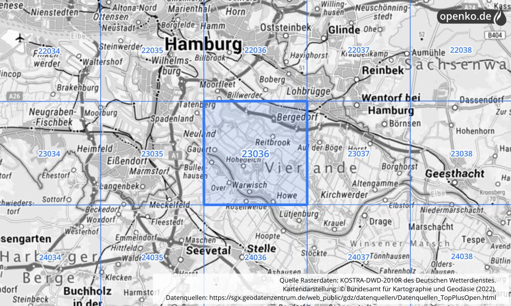 Übersichtskarte KOSTRA-DWD-2010R Rasterfeld Nr. 23036 mit angrenzenden Feldern