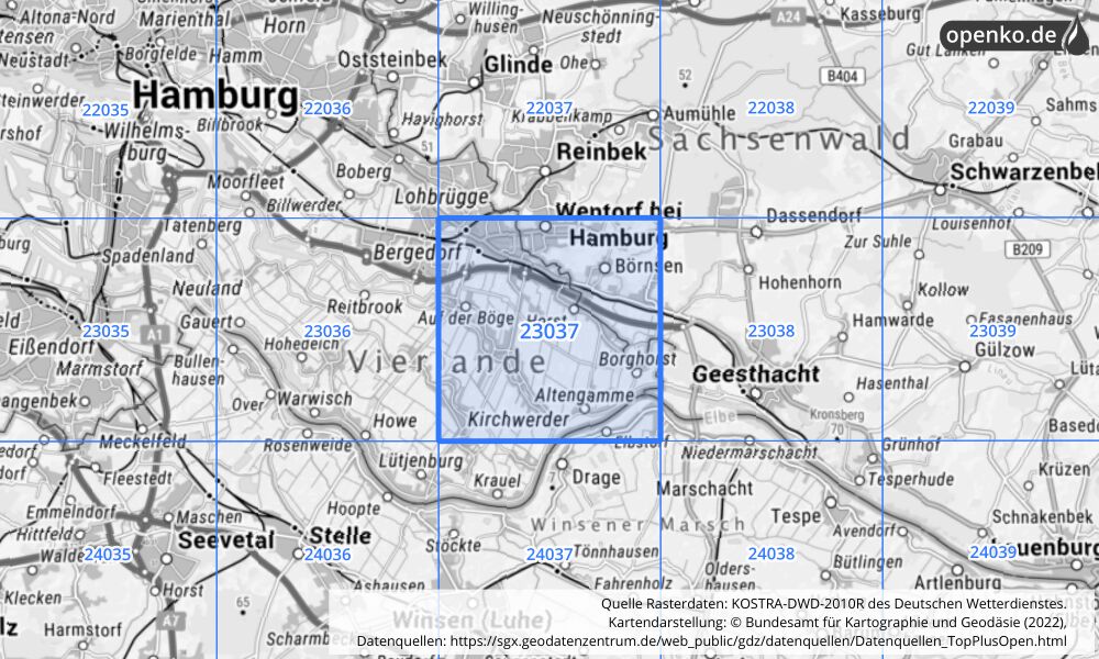 Übersichtskarte KOSTRA-DWD-2010R Rasterfeld Nr. 23037 mit angrenzenden Feldern