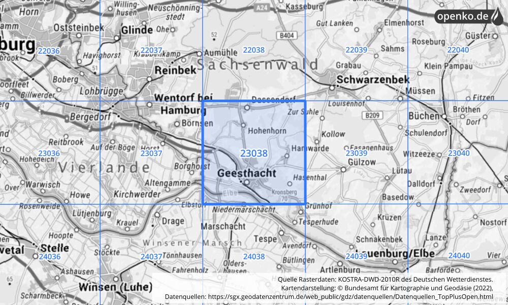 Übersichtskarte KOSTRA-DWD-2010R Rasterfeld Nr. 23038 mit angrenzenden Feldern