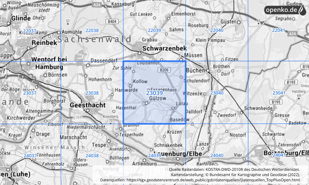 Übersichtskarte KOSTRA-DWD-2010R Rasterfeld Nr. 23039 mit angrenzenden Feldern