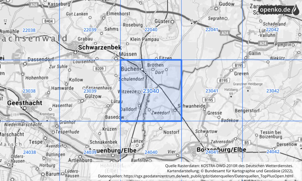 Übersichtskarte KOSTRA-DWD-2010R Rasterfeld Nr. 23040 mit angrenzenden Feldern