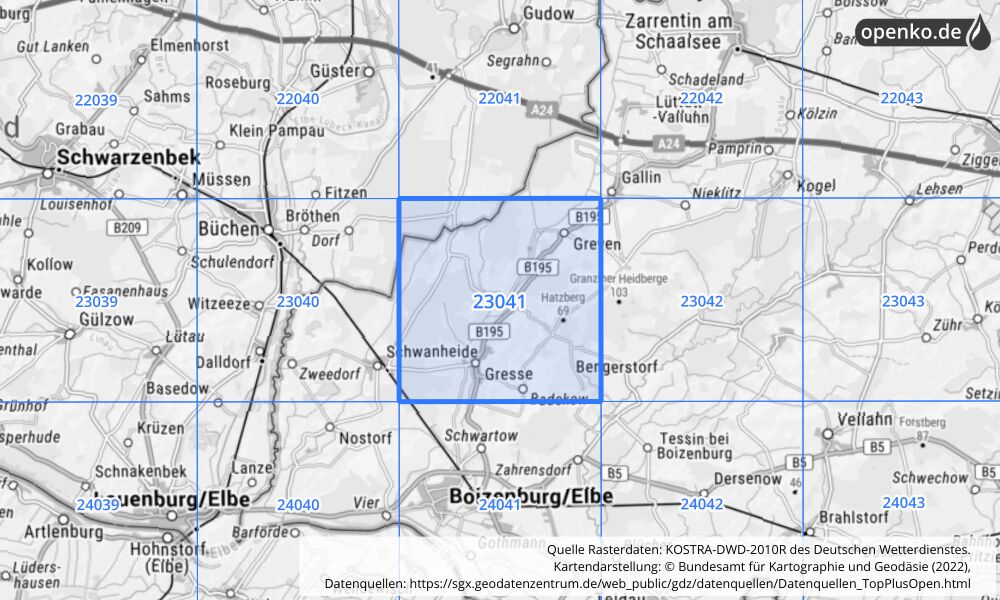 Übersichtskarte KOSTRA-DWD-2010R Rasterfeld Nr. 23041 mit angrenzenden Feldern