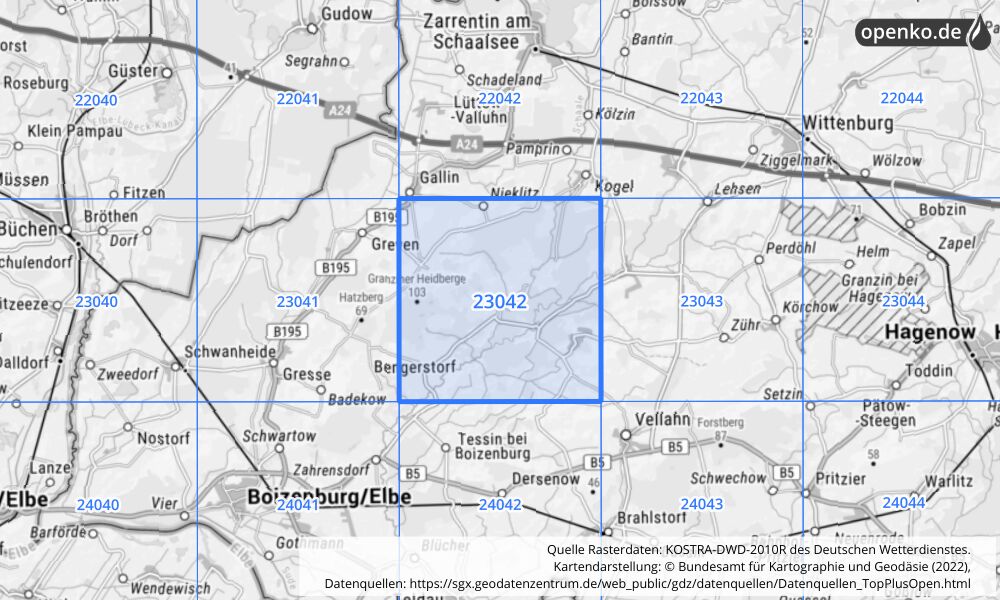 Übersichtskarte KOSTRA-DWD-2010R Rasterfeld Nr. 23042 mit angrenzenden Feldern