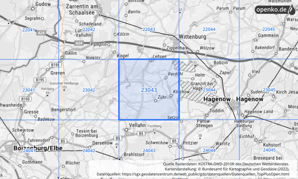 Übersichtskarte KOSTRA-DWD-2010R Rasterfeld Nr. 23043 mit angrenzenden Feldern