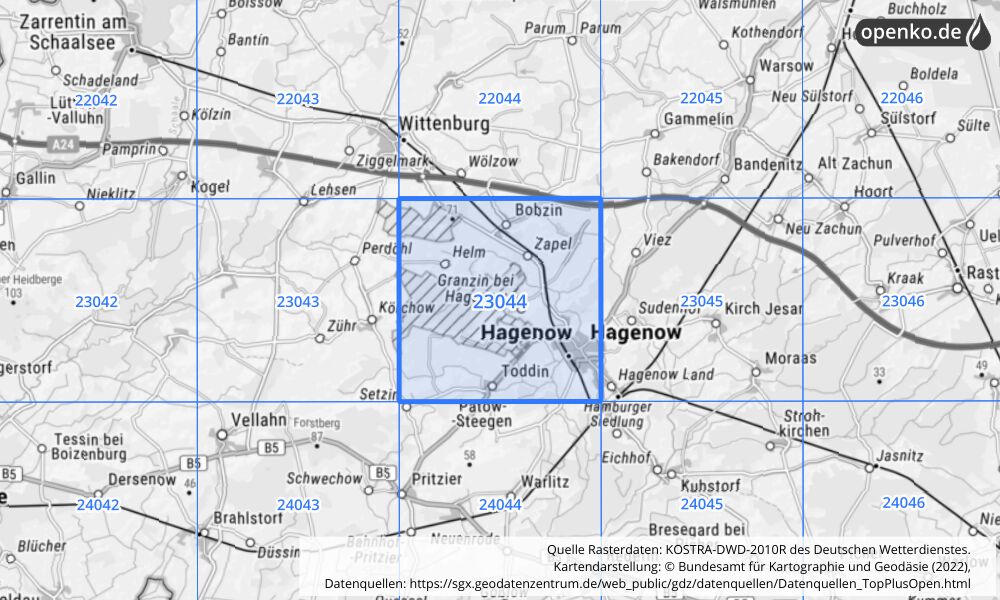 Übersichtskarte KOSTRA-DWD-2010R Rasterfeld Nr. 23044 mit angrenzenden Feldern