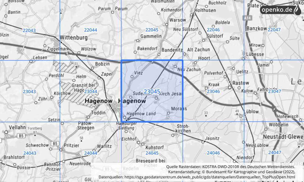 Übersichtskarte KOSTRA-DWD-2010R Rasterfeld Nr. 23045 mit angrenzenden Feldern