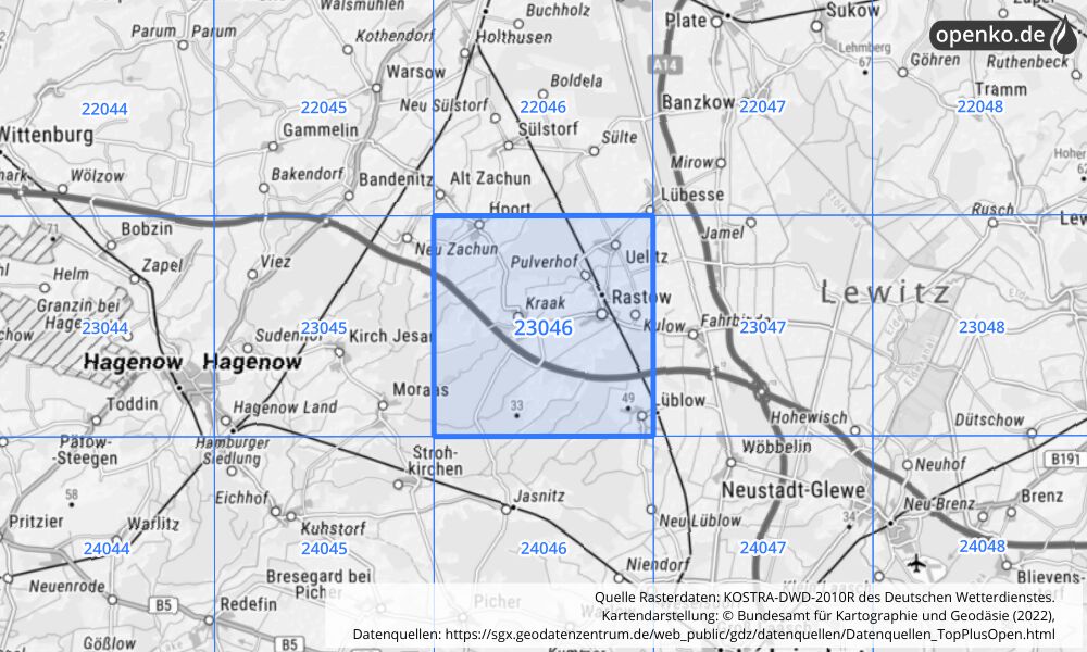 Übersichtskarte KOSTRA-DWD-2010R Rasterfeld Nr. 23046 mit angrenzenden Feldern