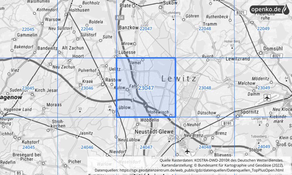 Übersichtskarte KOSTRA-DWD-2010R Rasterfeld Nr. 23047 mit angrenzenden Feldern