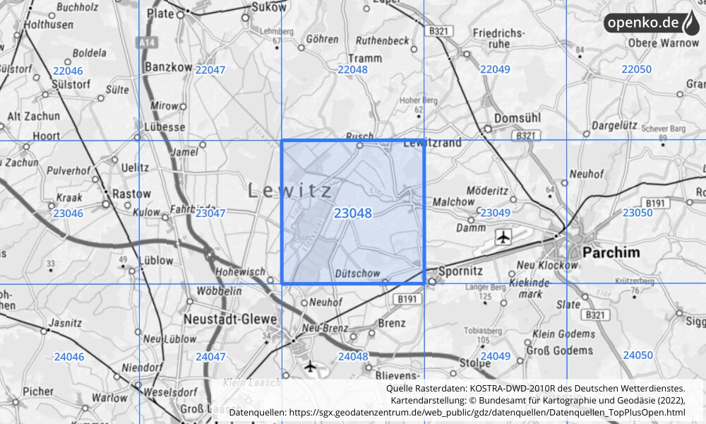 Übersichtskarte KOSTRA-DWD-2010R Rasterfeld Nr. 23048 mit angrenzenden Feldern