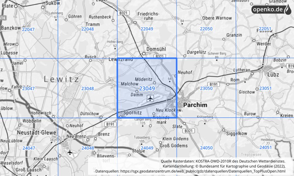 Übersichtskarte KOSTRA-DWD-2010R Rasterfeld Nr. 23049 mit angrenzenden Feldern