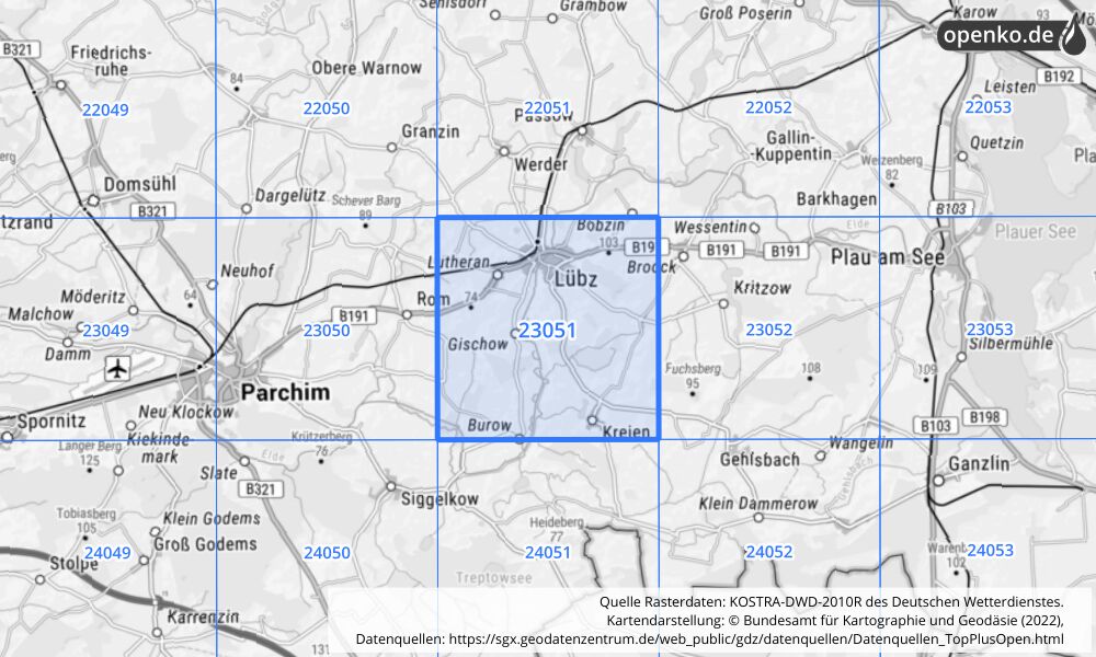 Übersichtskarte KOSTRA-DWD-2010R Rasterfeld Nr. 23051 mit angrenzenden Feldern