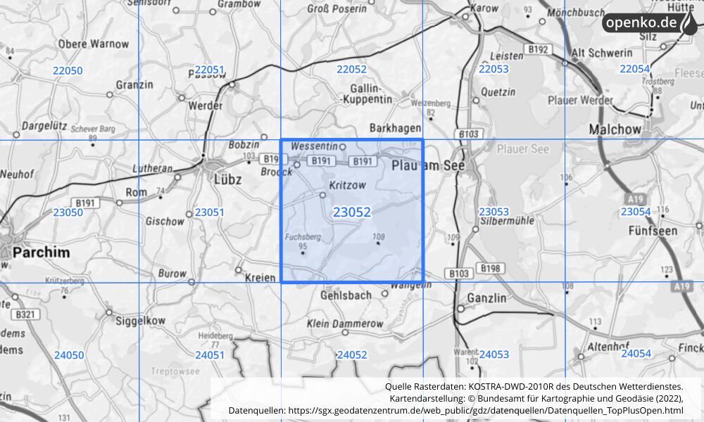 Übersichtskarte KOSTRA-DWD-2010R Rasterfeld Nr. 23052 mit angrenzenden Feldern