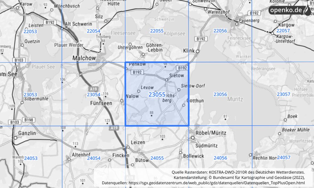 Übersichtskarte KOSTRA-DWD-2010R Rasterfeld Nr. 23055 mit angrenzenden Feldern