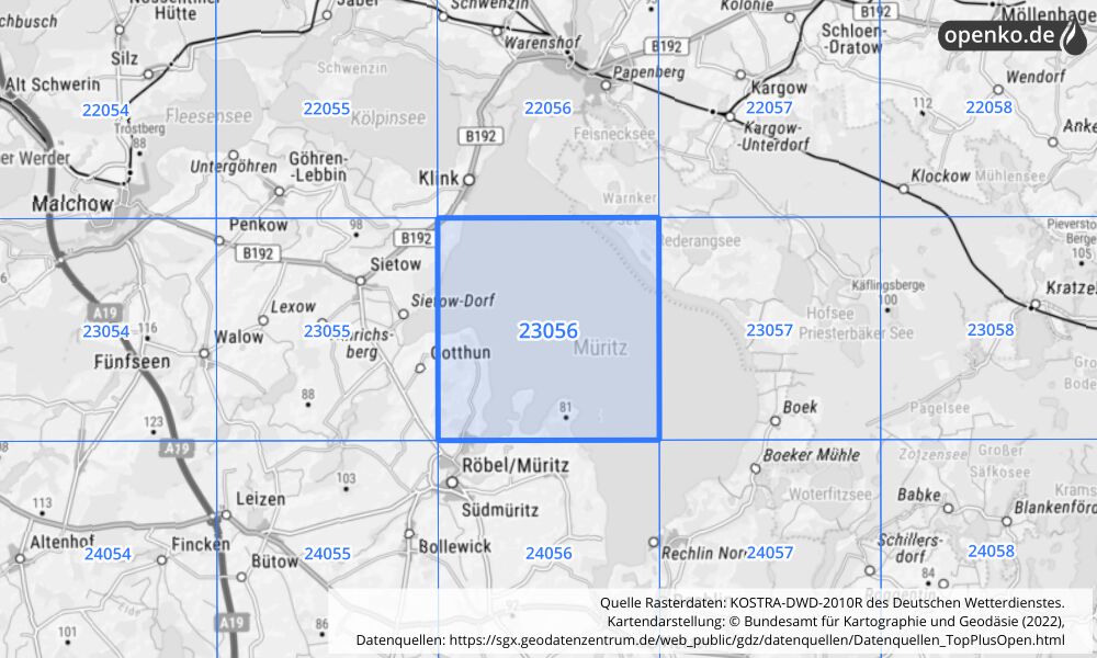 Übersichtskarte KOSTRA-DWD-2010R Rasterfeld Nr. 23056 mit angrenzenden Feldern