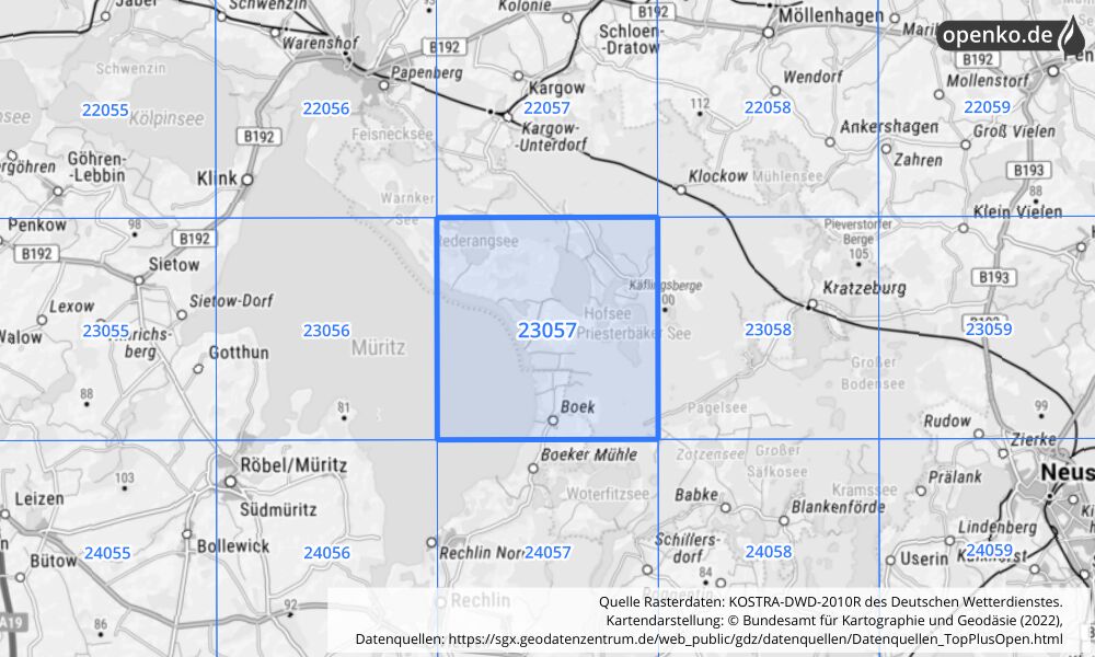 Übersichtskarte KOSTRA-DWD-2010R Rasterfeld Nr. 23057 mit angrenzenden Feldern