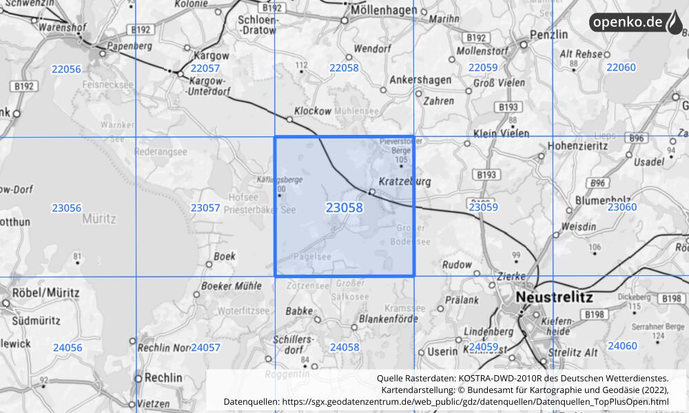 Übersichtskarte KOSTRA-DWD-2010R Rasterfeld Nr. 23058 mit angrenzenden Feldern