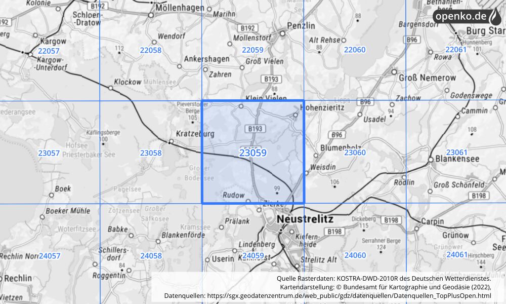 Übersichtskarte KOSTRA-DWD-2010R Rasterfeld Nr. 23059 mit angrenzenden Feldern