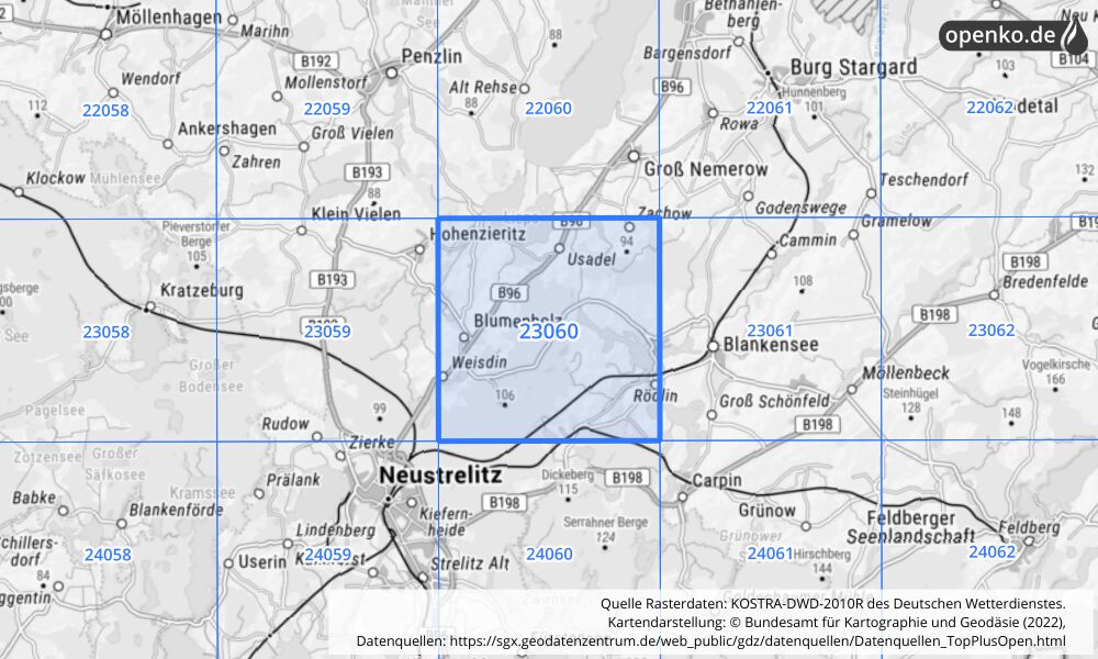 Übersichtskarte KOSTRA-DWD-2010R Rasterfeld Nr. 23060 mit angrenzenden Feldern