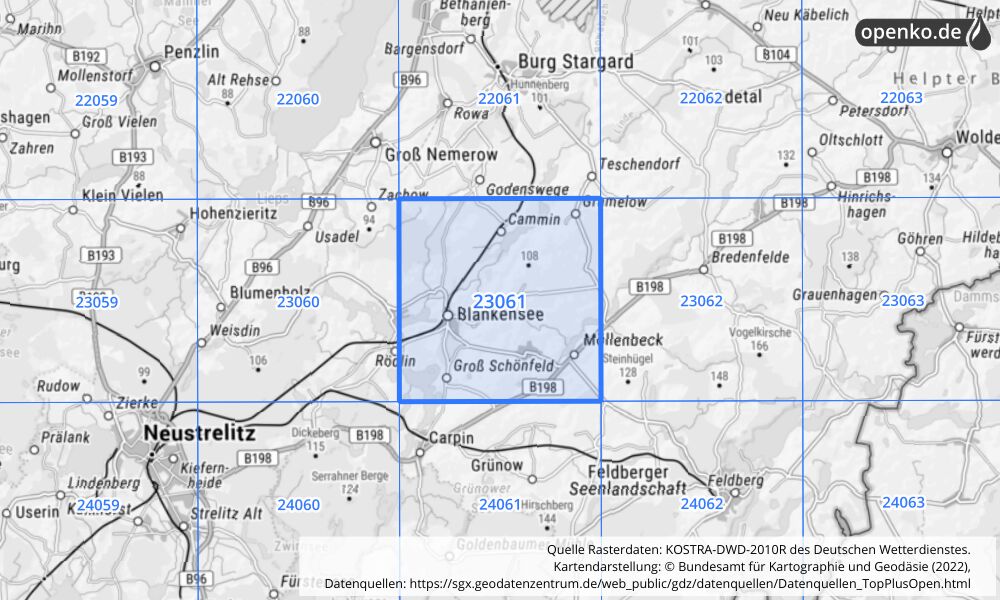 Übersichtskarte KOSTRA-DWD-2010R Rasterfeld Nr. 23061 mit angrenzenden Feldern