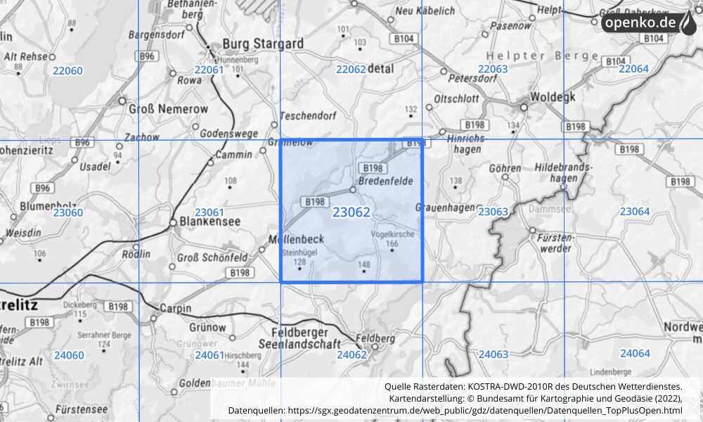 Übersichtskarte KOSTRA-DWD-2010R Rasterfeld Nr. 23062 mit angrenzenden Feldern