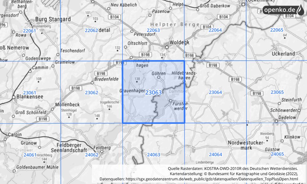 Übersichtskarte KOSTRA-DWD-2010R Rasterfeld Nr. 23063 mit angrenzenden Feldern