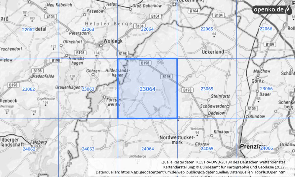 Übersichtskarte KOSTRA-DWD-2010R Rasterfeld Nr. 23064 mit angrenzenden Feldern