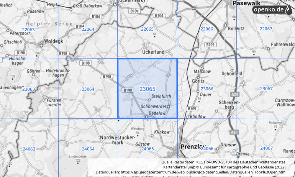 Übersichtskarte KOSTRA-DWD-2010R Rasterfeld Nr. 23065 mit angrenzenden Feldern