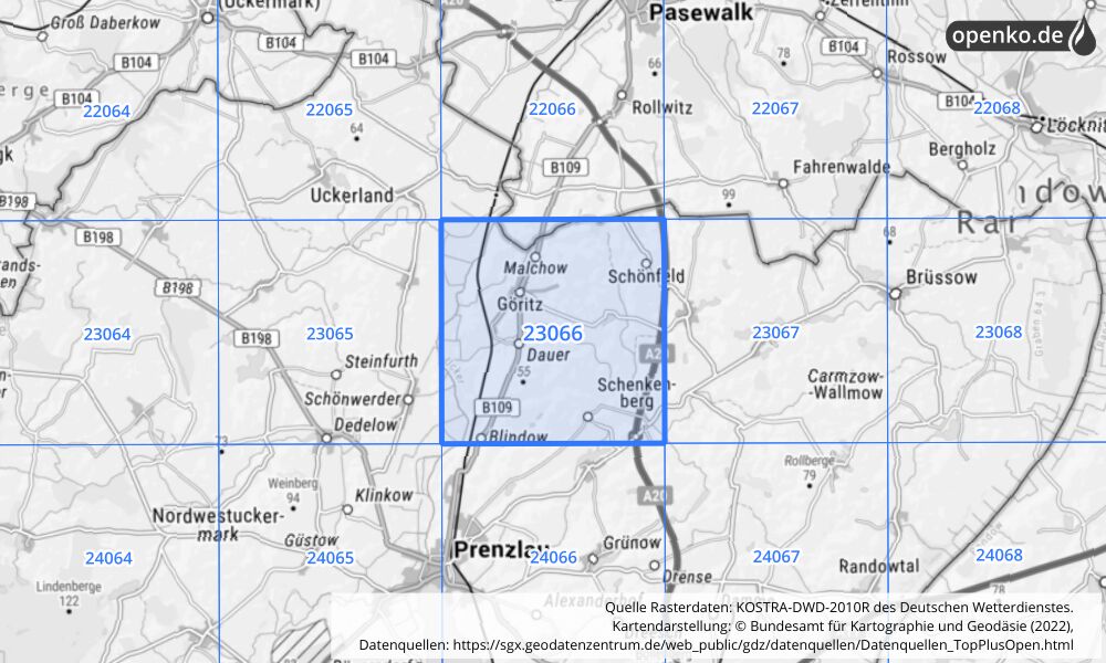 Übersichtskarte KOSTRA-DWD-2010R Rasterfeld Nr. 23066 mit angrenzenden Feldern