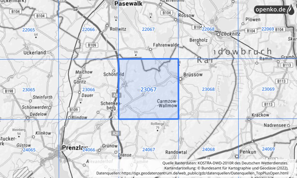 Übersichtskarte KOSTRA-DWD-2010R Rasterfeld Nr. 23067 mit angrenzenden Feldern